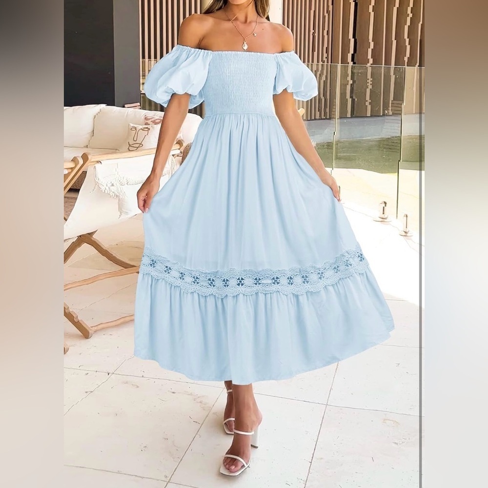 Chic Off-Shoulder Light Blue Maxi Dress - Picture 4 of 4